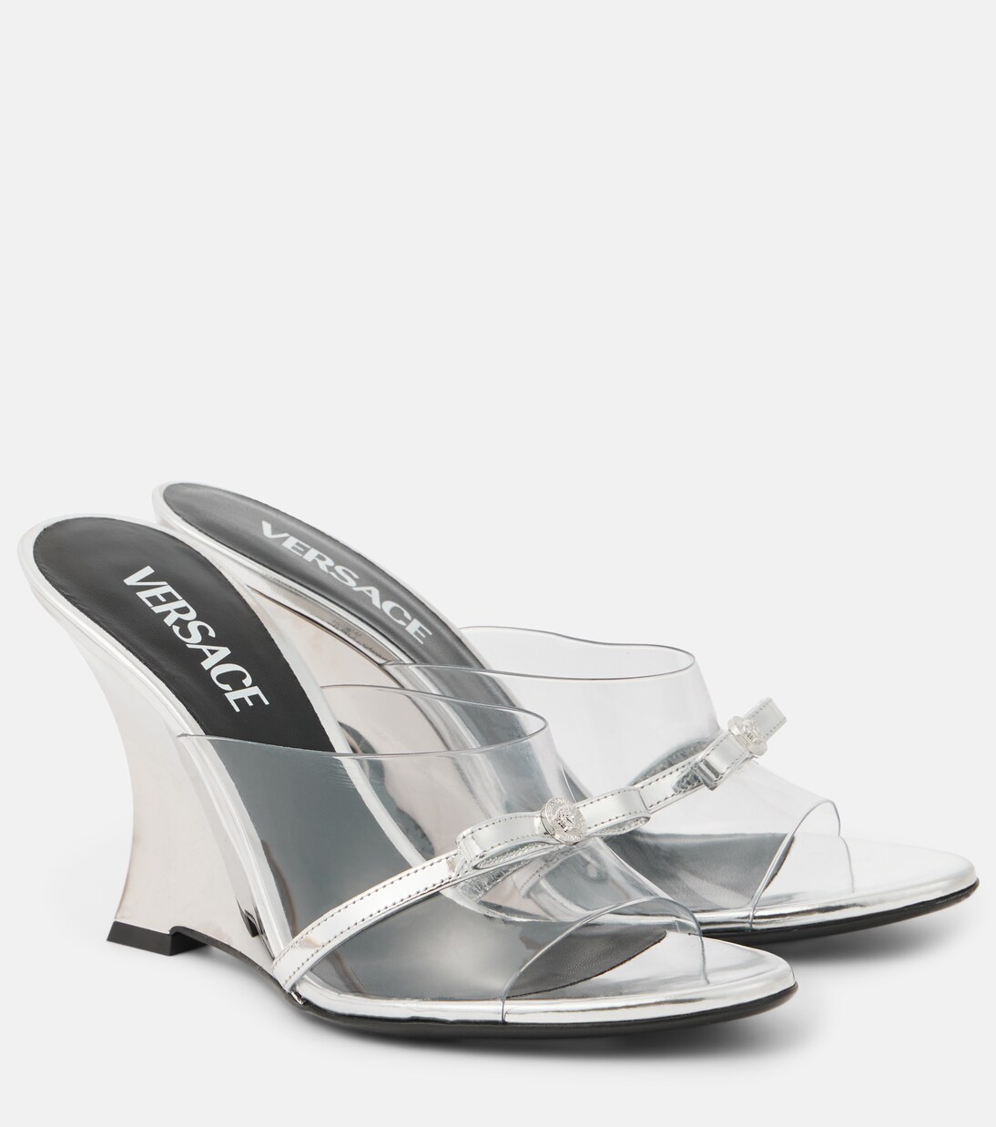 Gianni Ribbon 95 PVC wedge mules | Versace