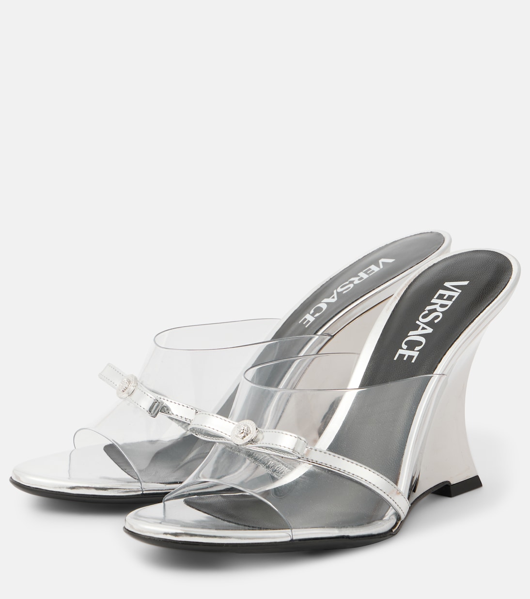 Gianni Ribbon 95 PVC wedge mules | Versace