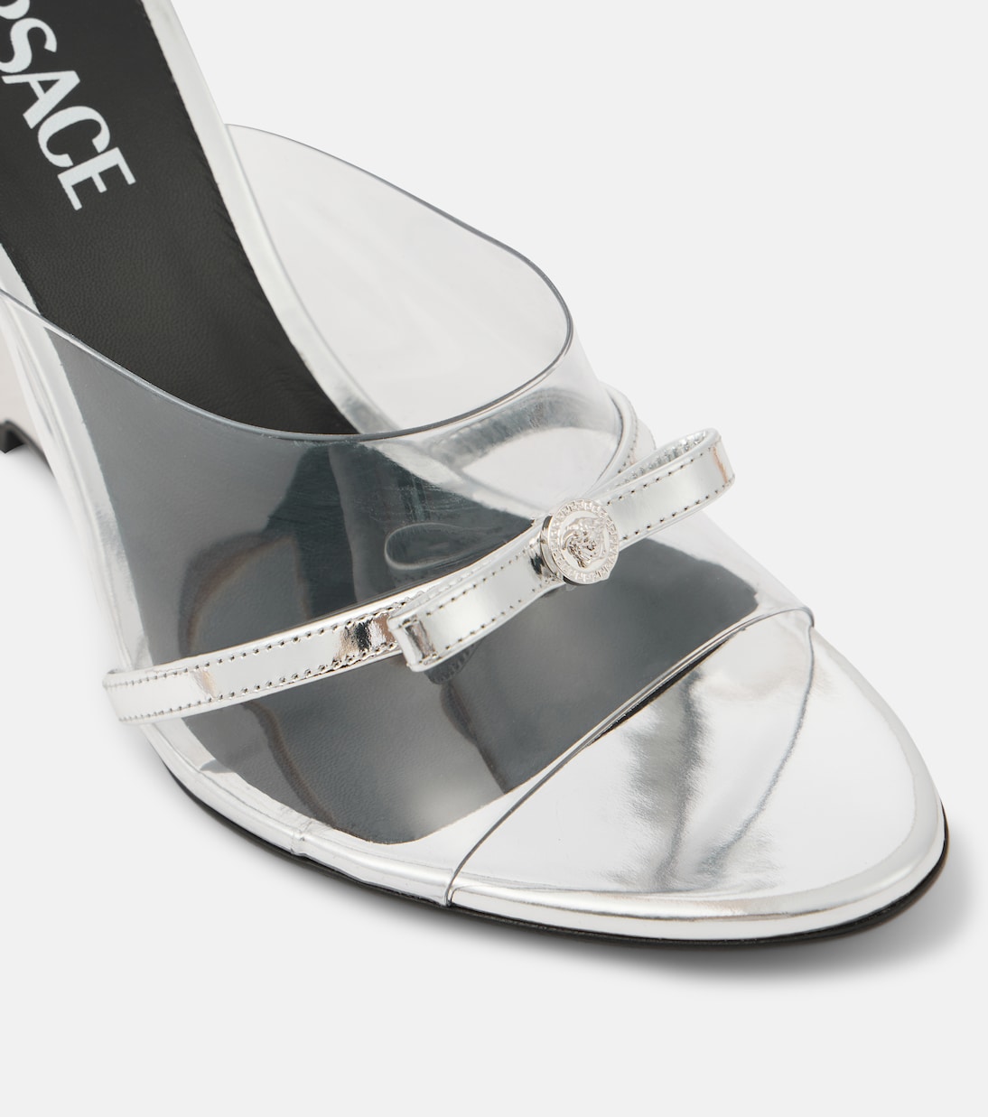 Gianni Ribbon 95 PVC wedge mules | Versace