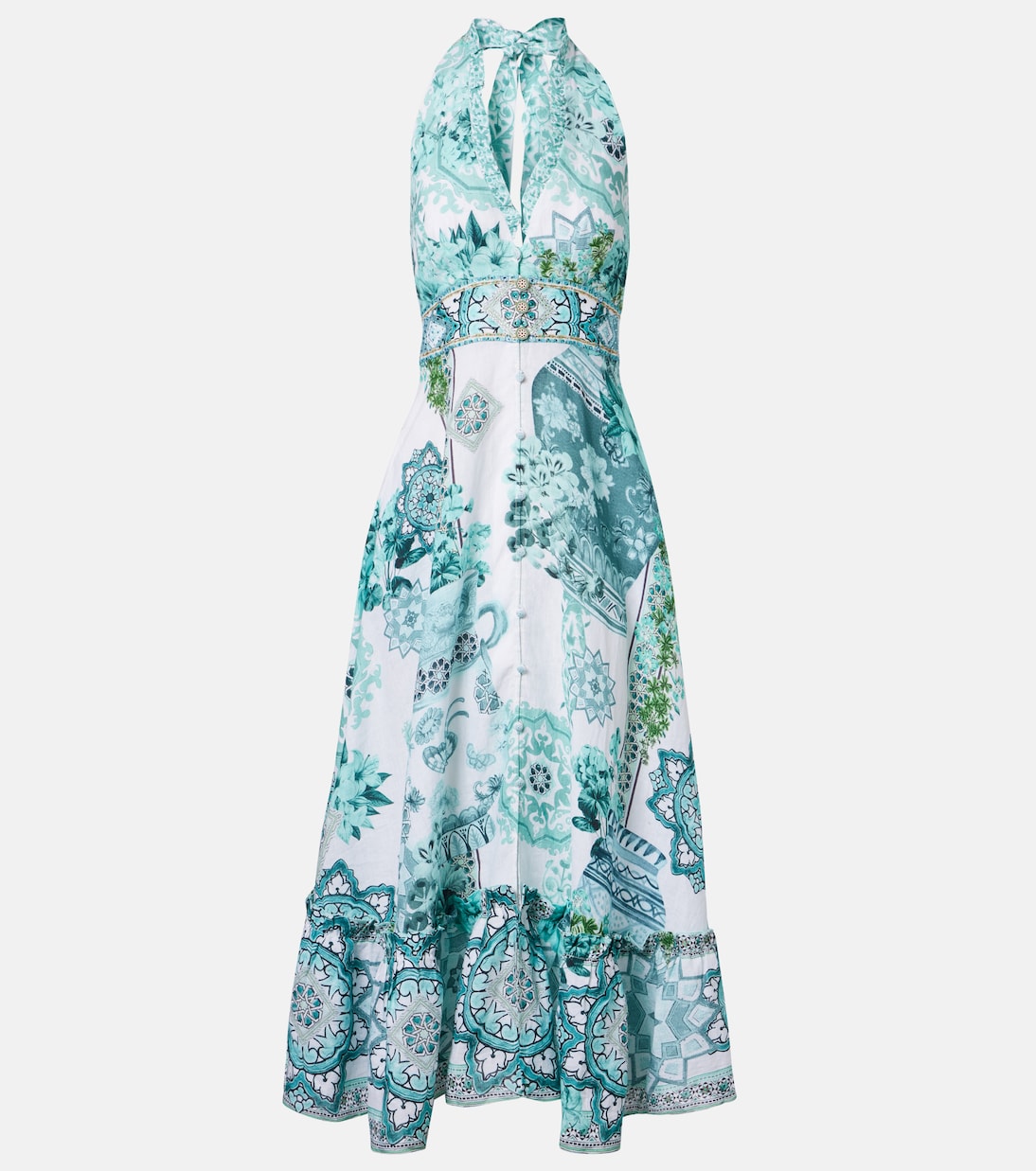 Embellished ruffled halterneck linen midi dress | Camilla