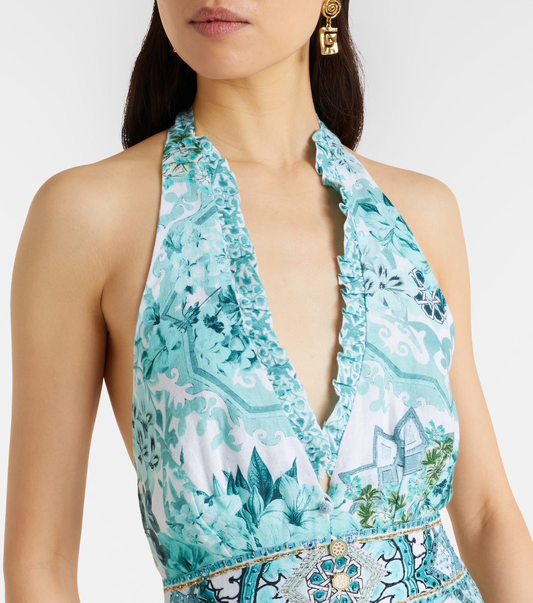 Embellished ruffled halterneck linen midi dress | Camilla