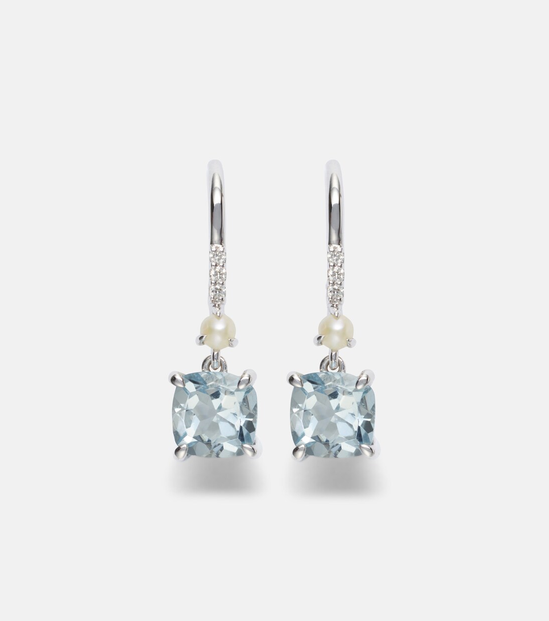 14kt white gold earrings with aquamarines, pearls, and diamonds | Stone and Strand