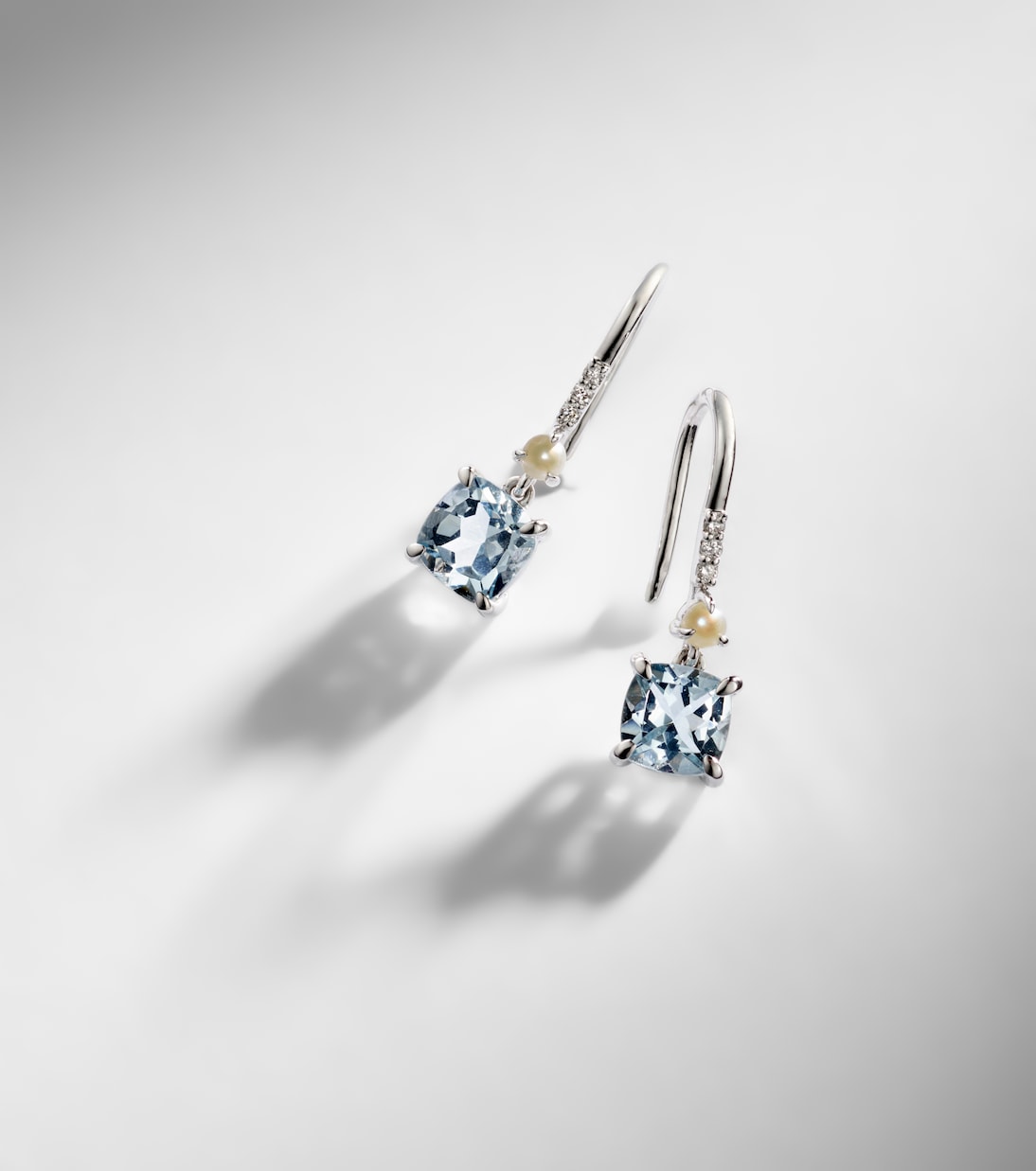 14kt white gold earrings with aquamarines, pearls, and diamonds | Stone and Strand