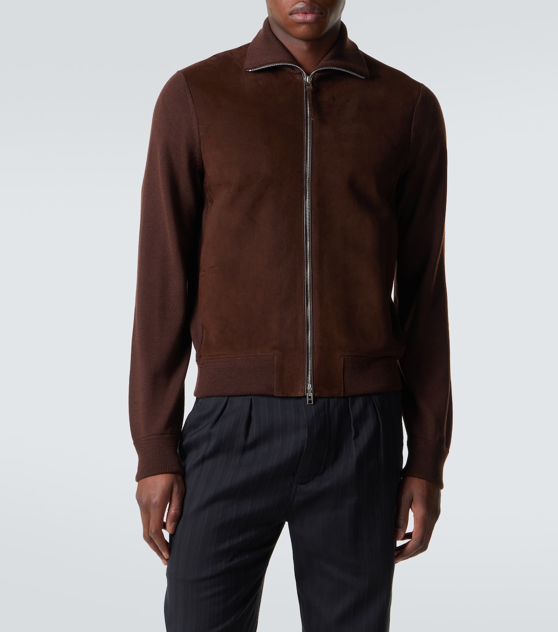 Suede-paneled wool-blend zip-up sweater | Tom Ford