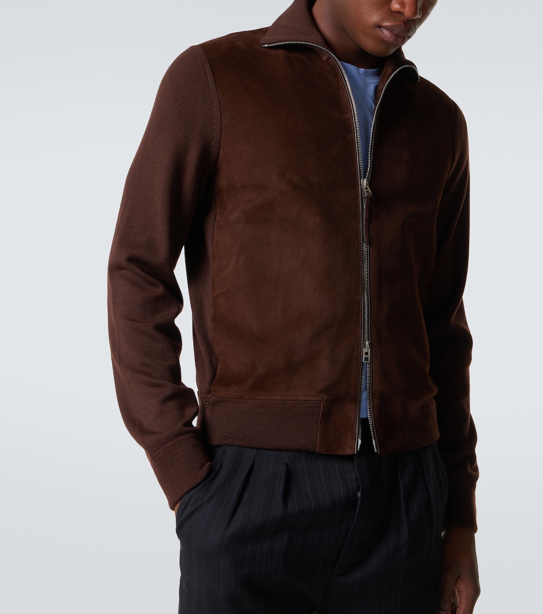 Suede-paneled wool-blend zip-up sweater | Tom Ford