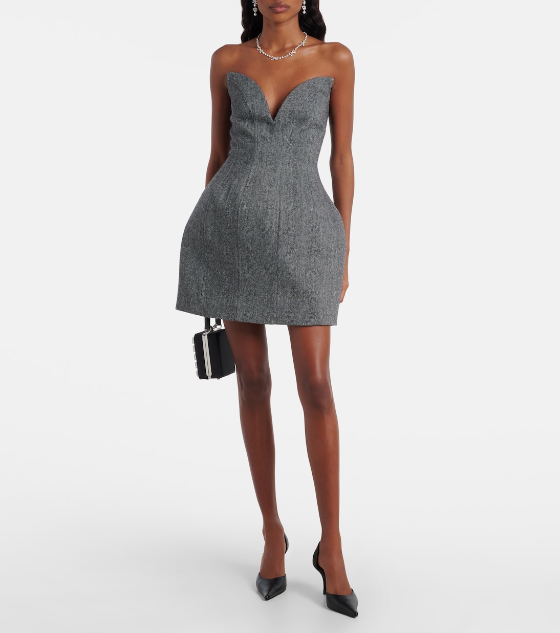 Herringbone wool-blend bustier dress | Self-Portrait