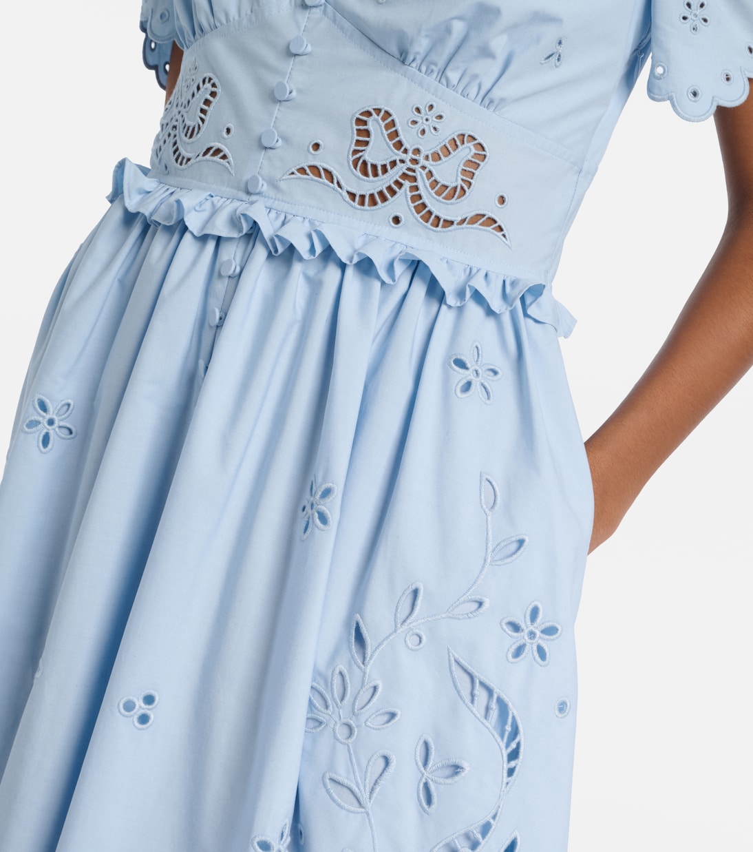 Vestido midi en mezcla de algodón con bordado inglés | Self-Portrait