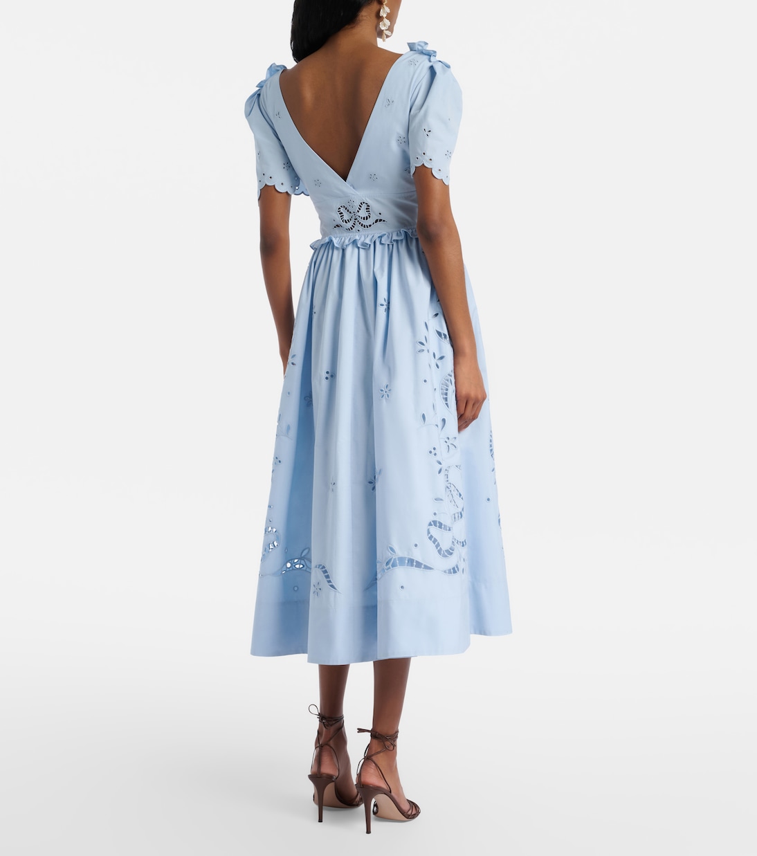 Vestido midi en mezcla de algodón con bordado inglés | Self-Portrait