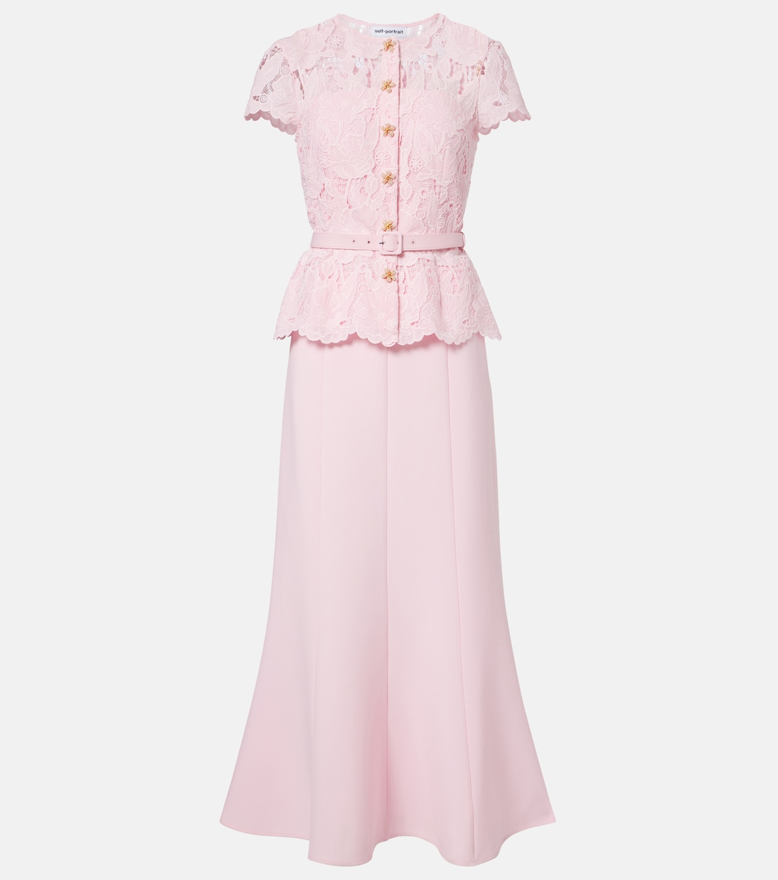 Belted lace and crêpe midi dress | Self-Portrait