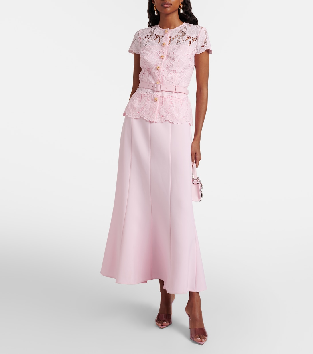 Belted lace and crêpe midi dress | Self-Portrait