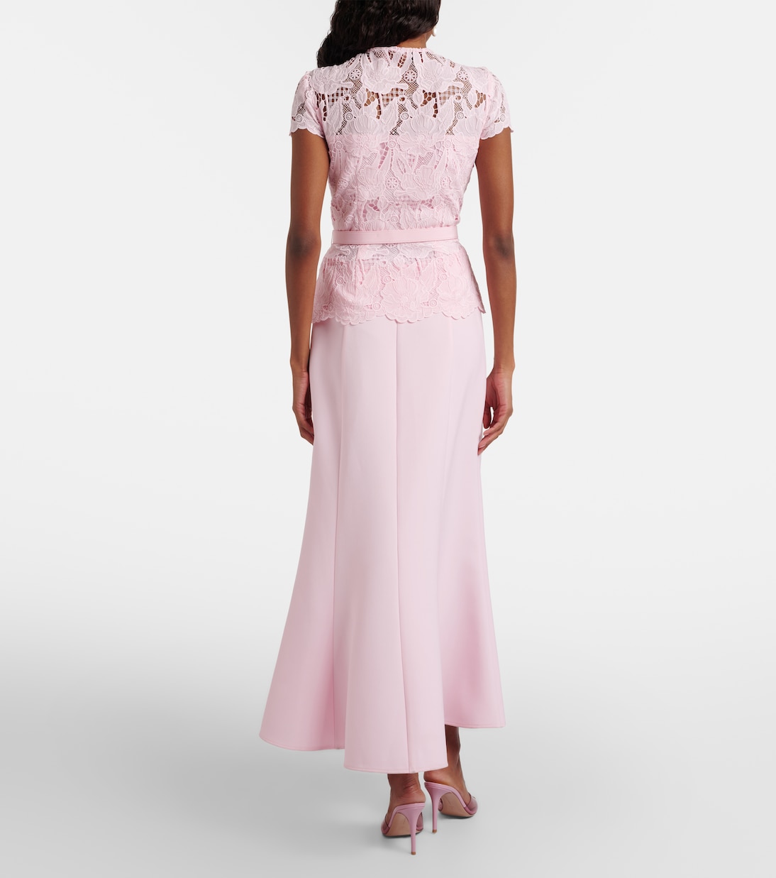 Belted lace and crêpe midi dress | Self-Portrait