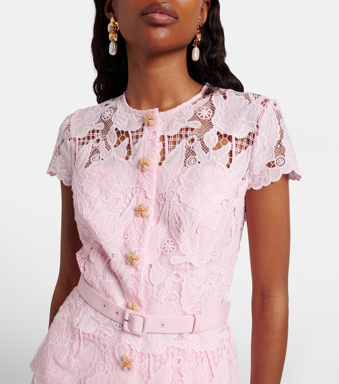 Belted lace and crêpe midi dress | Self-Portrait