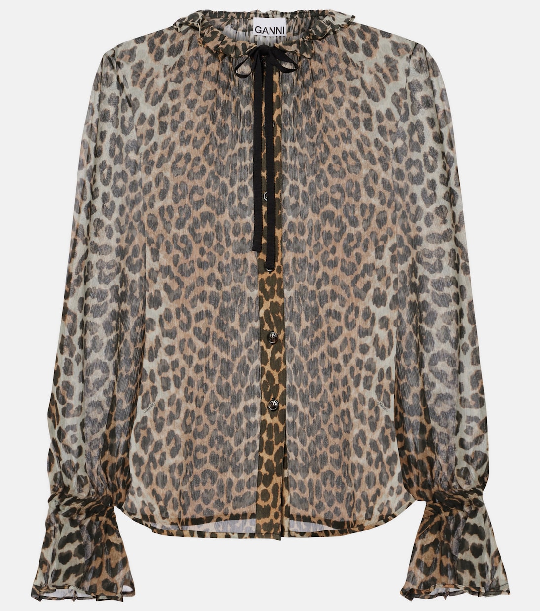 Leopard-print tie-neck chiffon blouse | Ganni