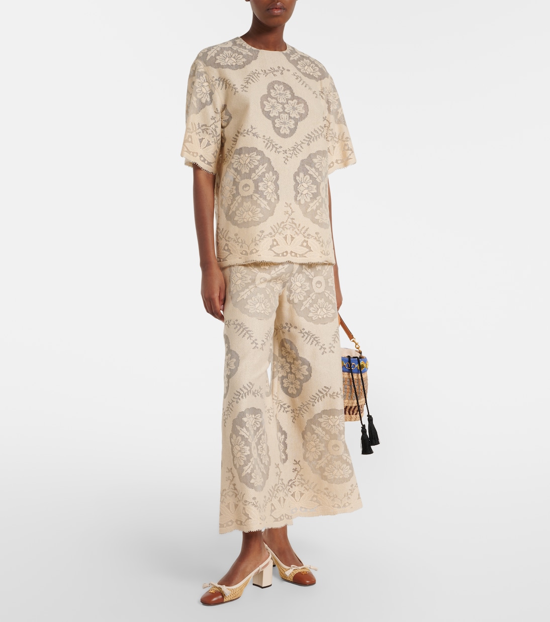 Embroidered cotton-blend wide-leg pants | Valentino