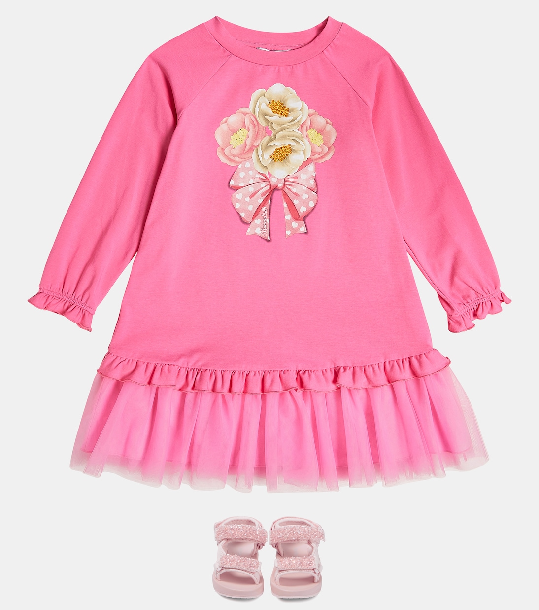 Tulle-trimmed printed jersey dress | Monnalisa