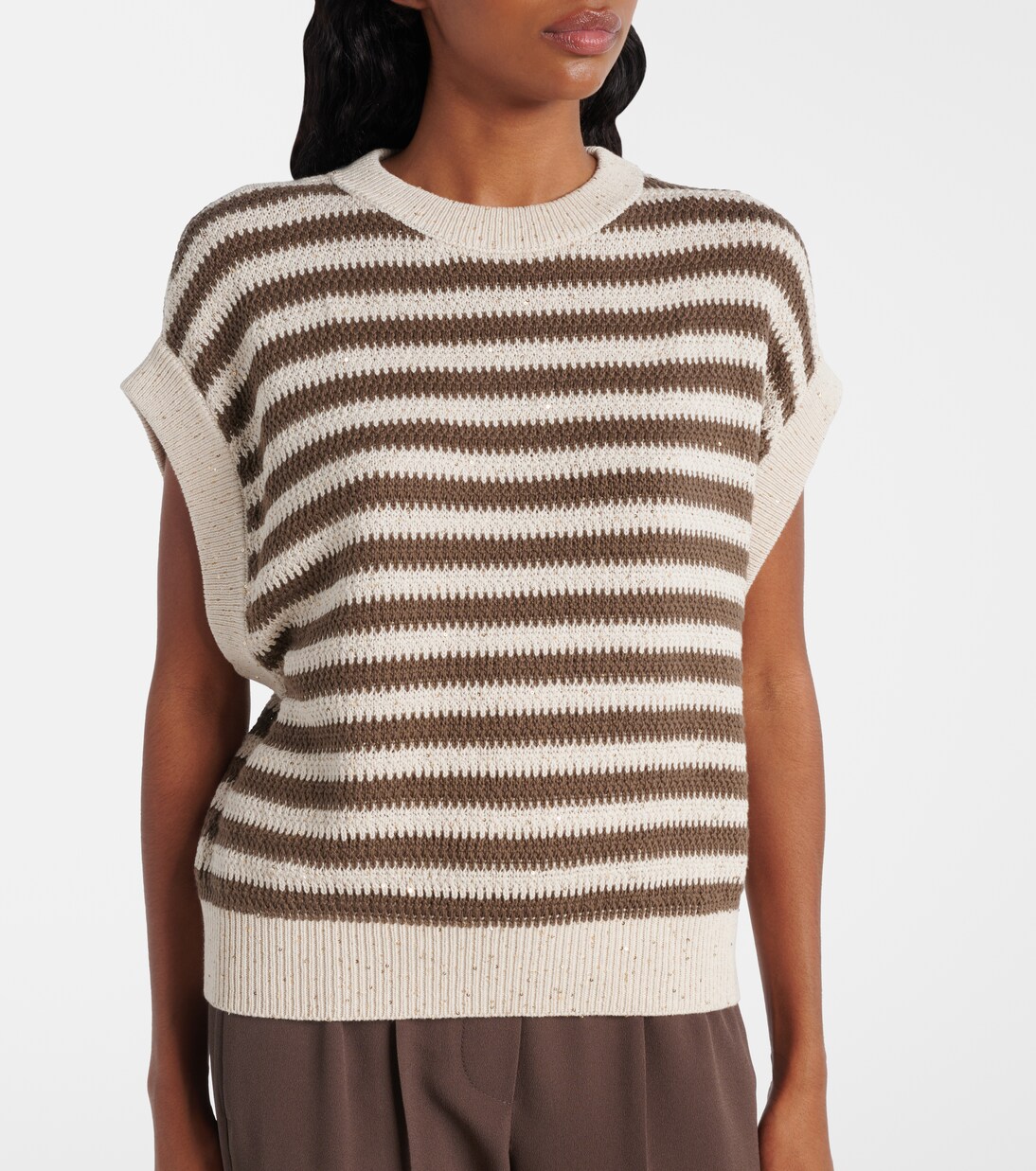 Pull sans manches rayé en coton mélangé à sequins | Brunello Cucinelli