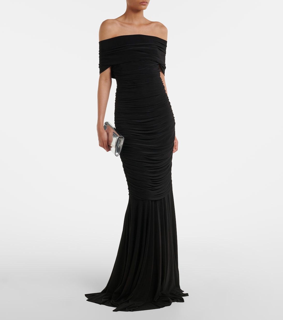 Off-shoulder ruched jersey gown | Norma Kamali