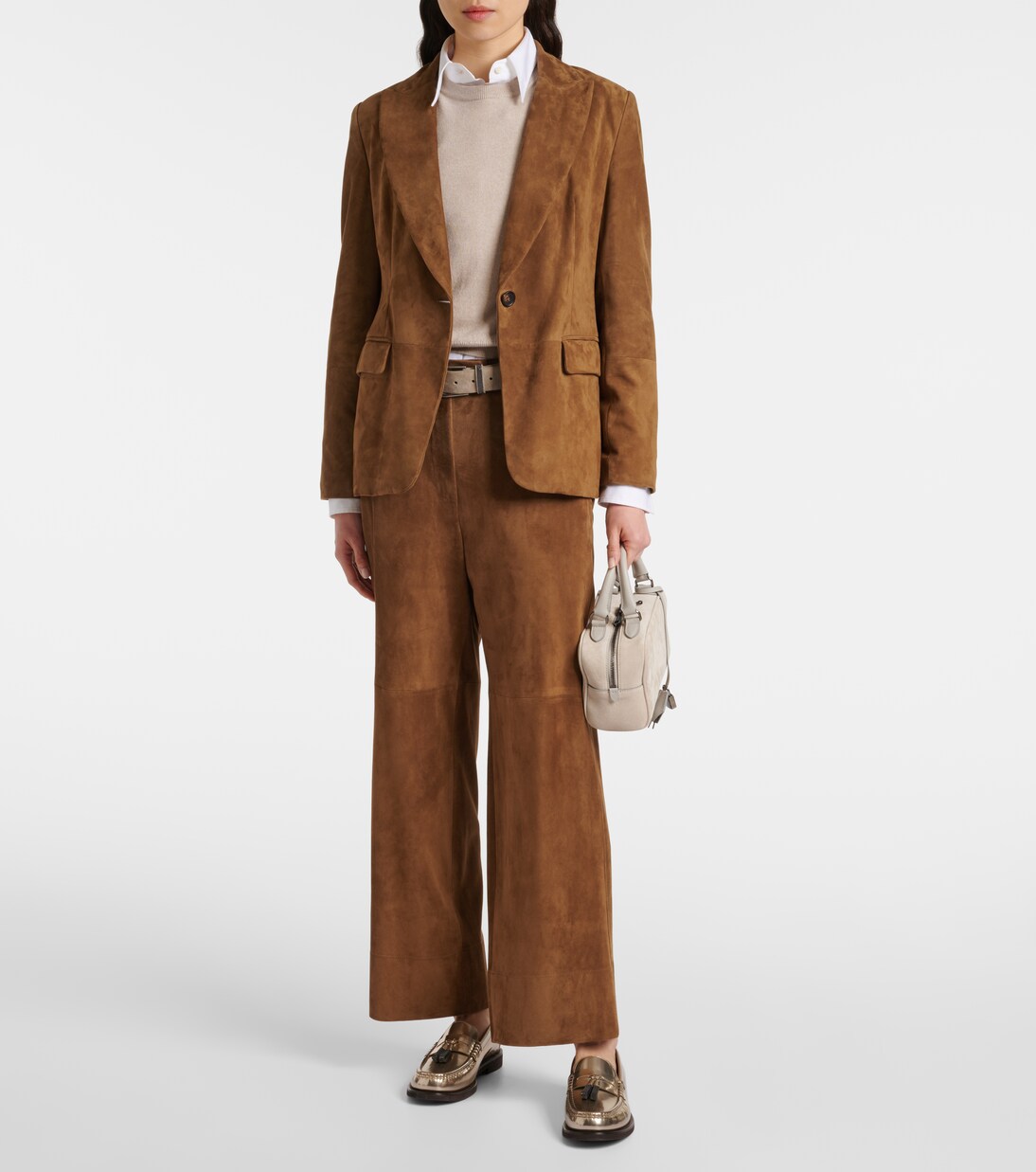 Weite Mid-Rise-Hose aus Veloursleder | Brunello Cucinelli