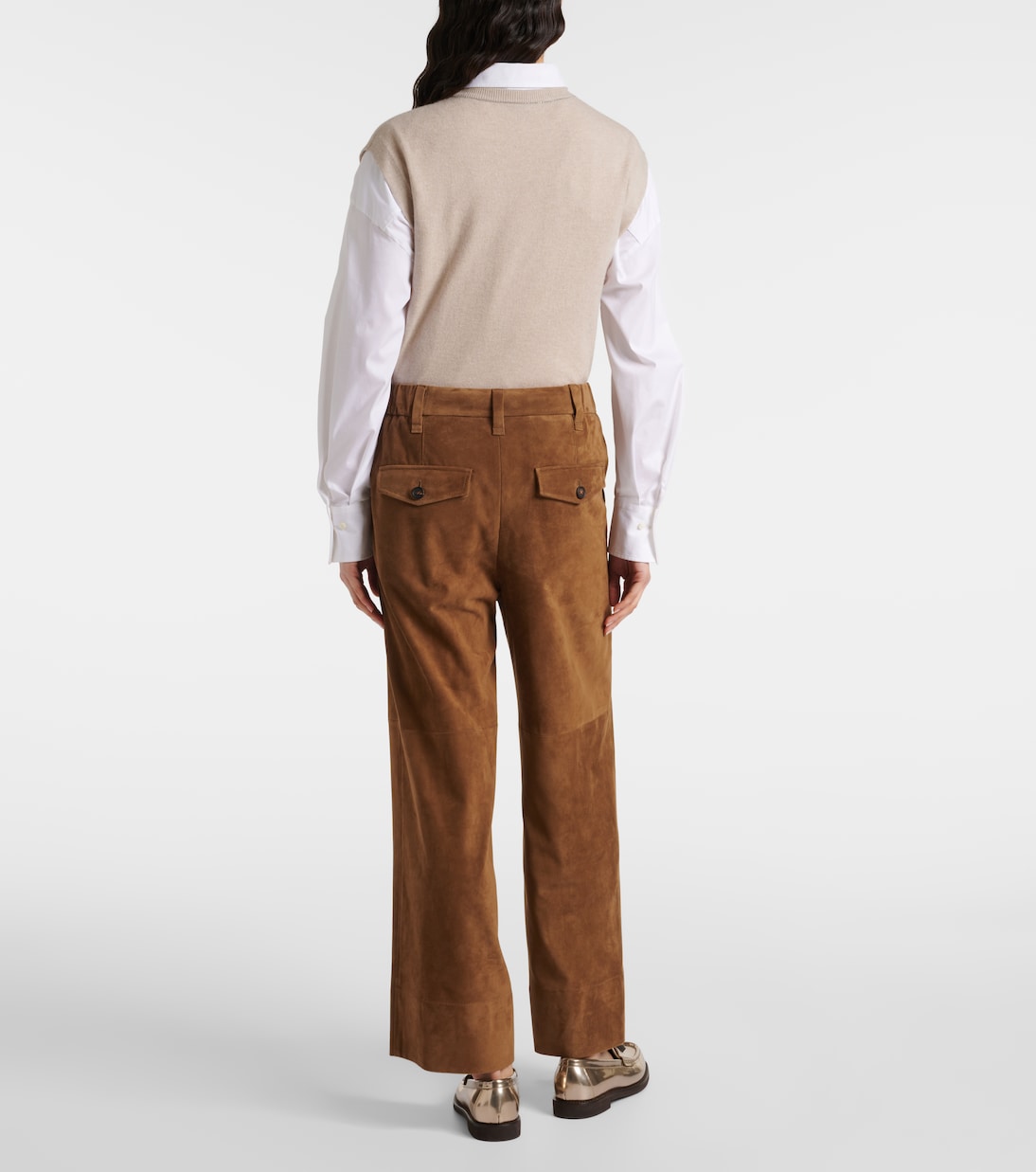 Weite Mid-Rise-Hose aus Veloursleder | Brunello Cucinelli