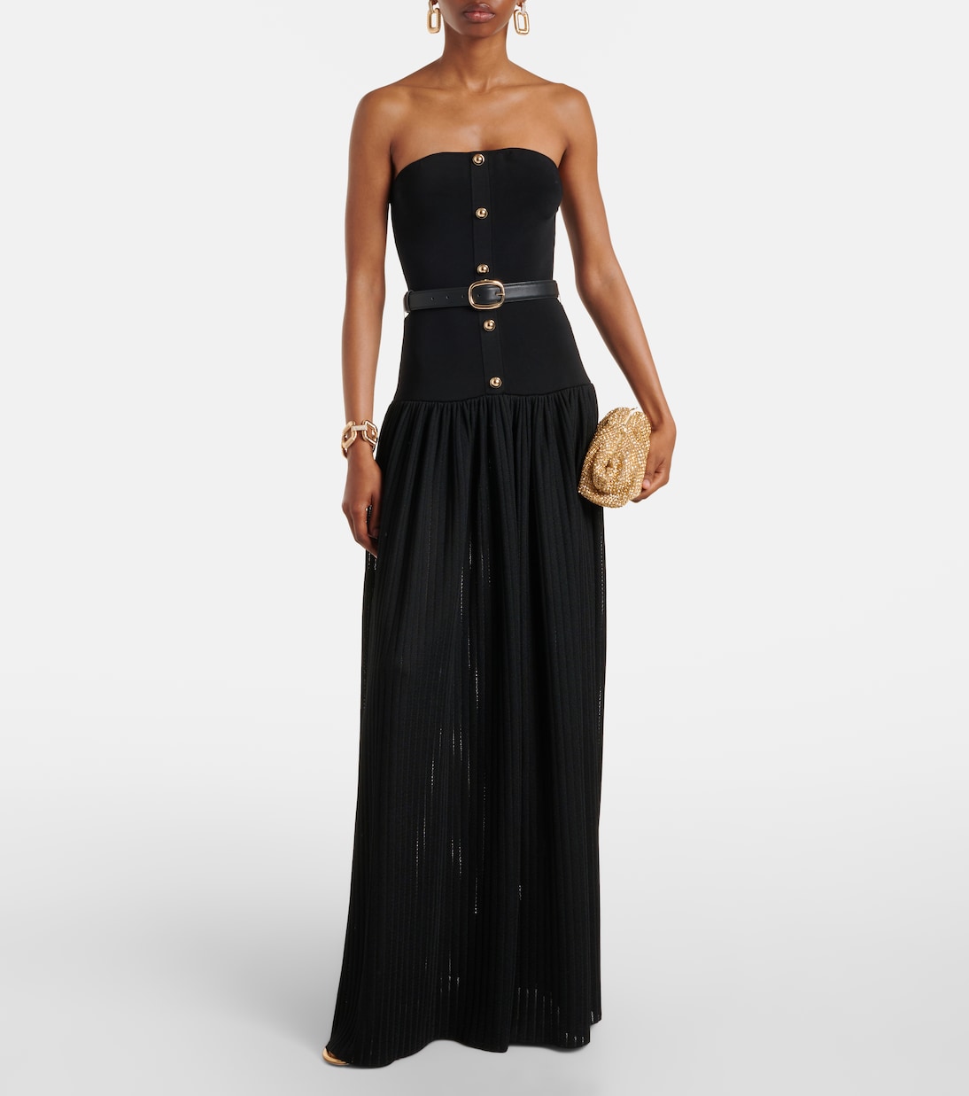 Belted knitted strapless maxidress | Self-Portrait