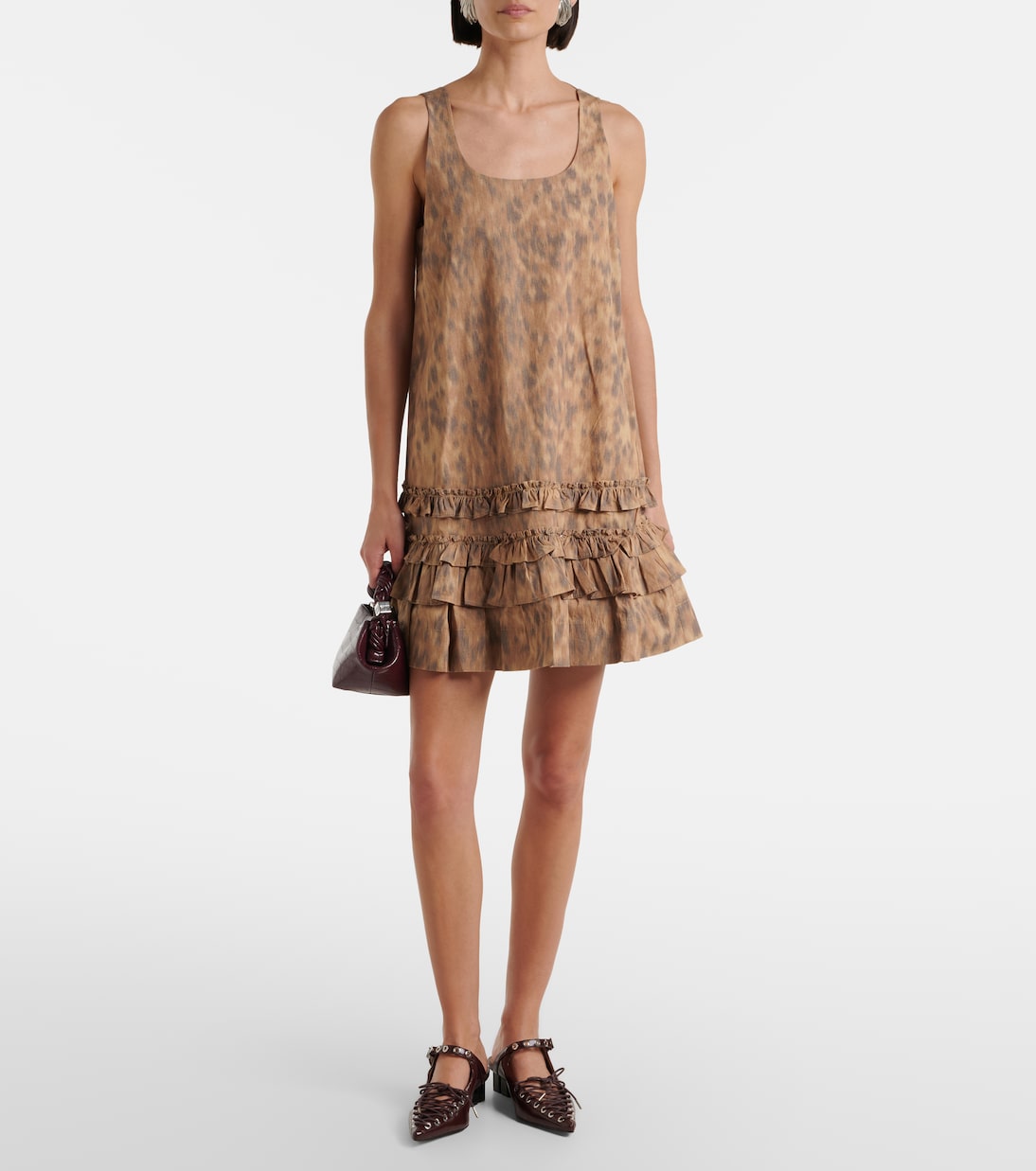 荷叶边印花棉质迷你连衣裙 | Ganni