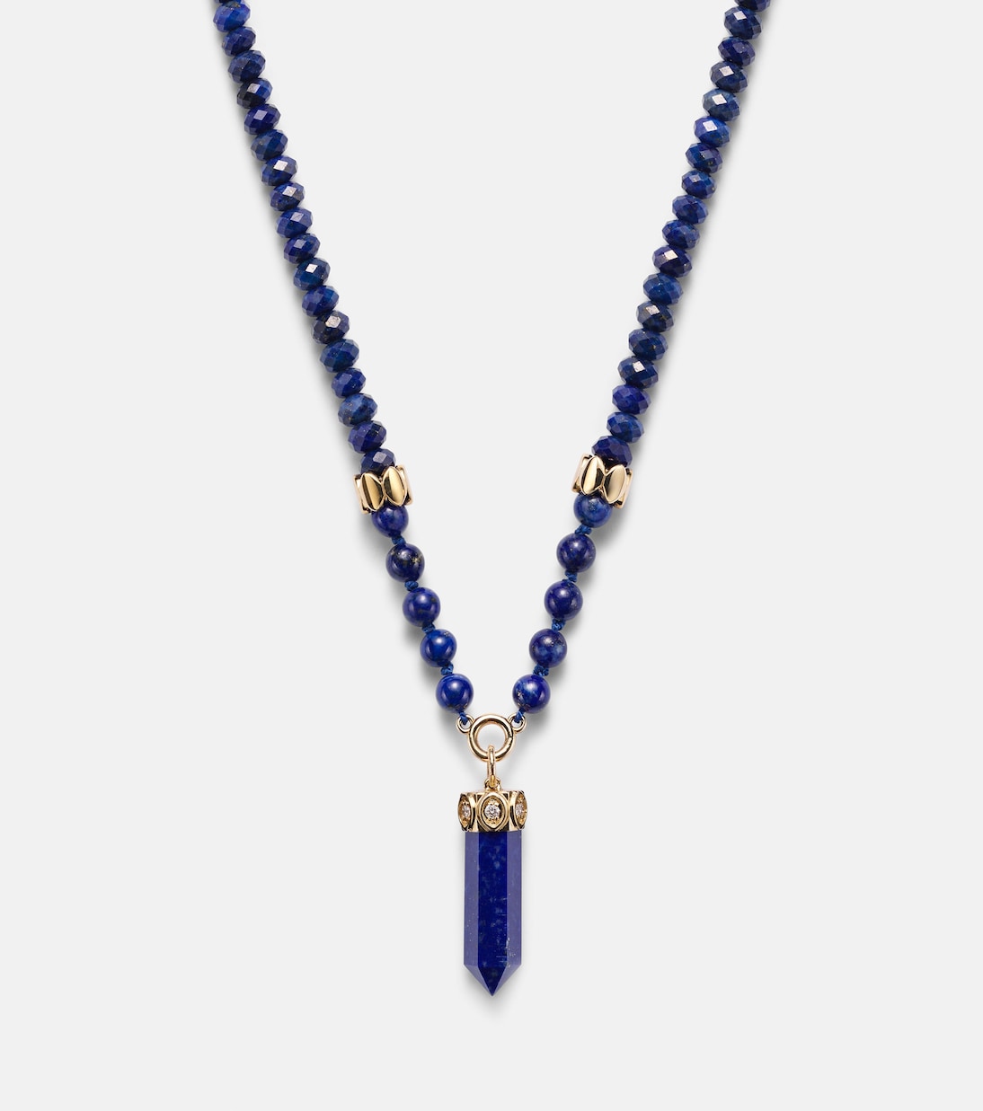 14kt gold beaded necklace with diamonds and lapis | Sydney Evan