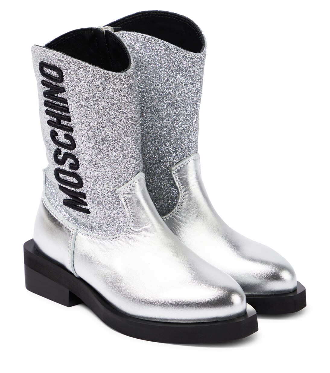 Logo glitter leather cowboy boots | Moschino Kids