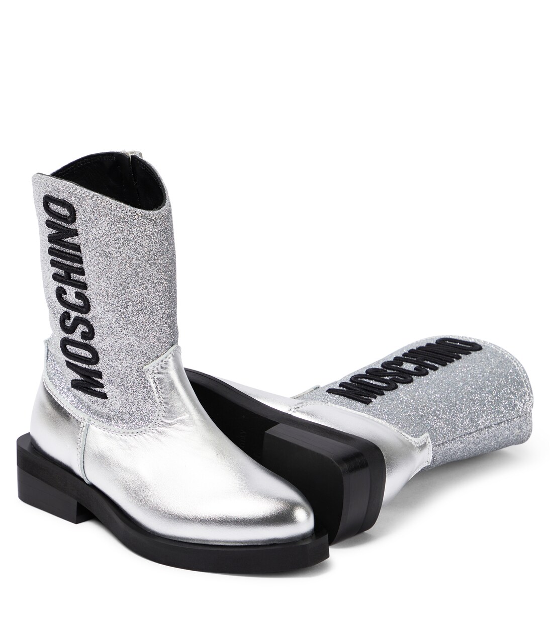 Logo glitter leather cowboy boots | Moschino Kids