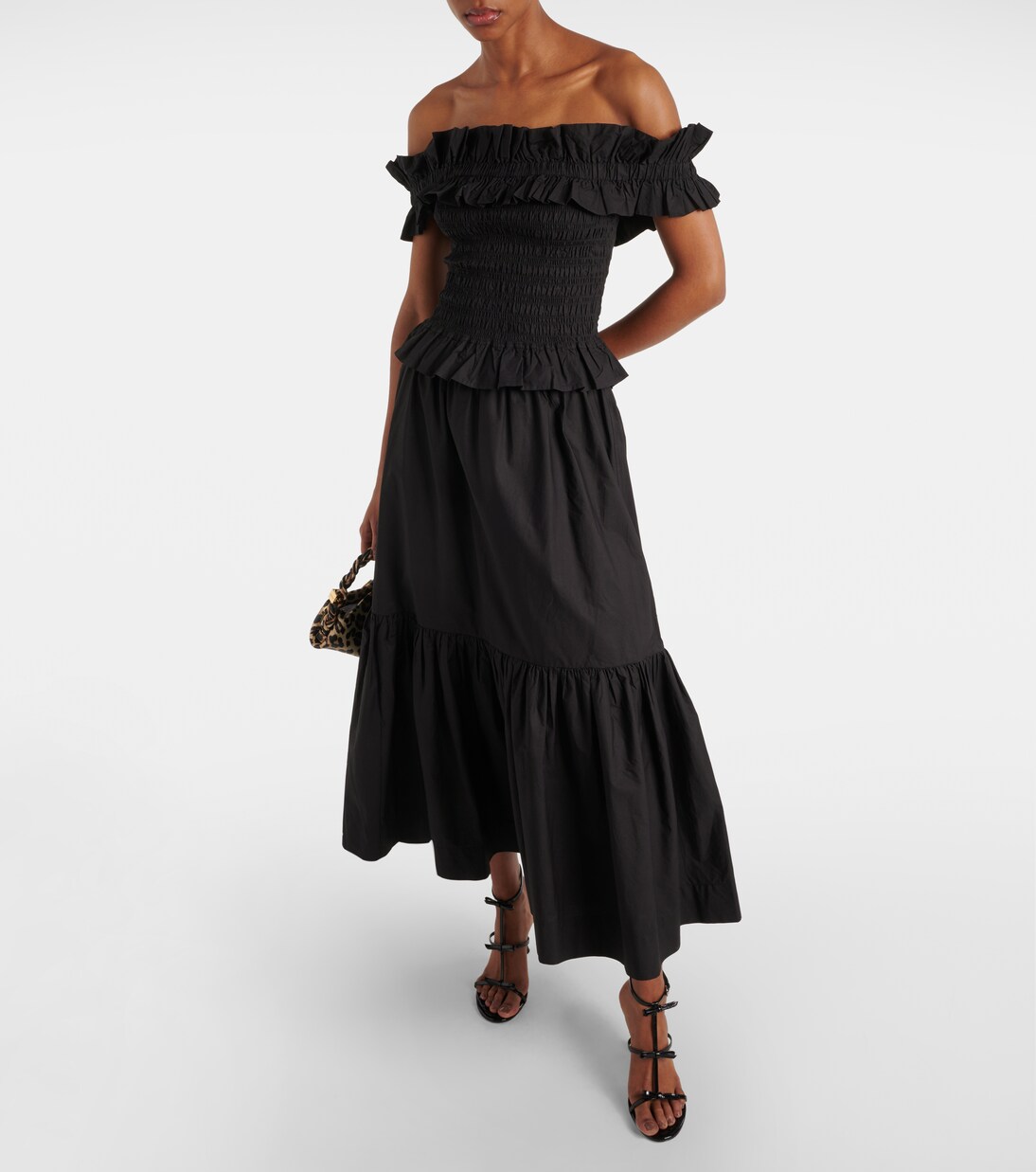 Smocked off-shoulder cotton poplin top | Ganni