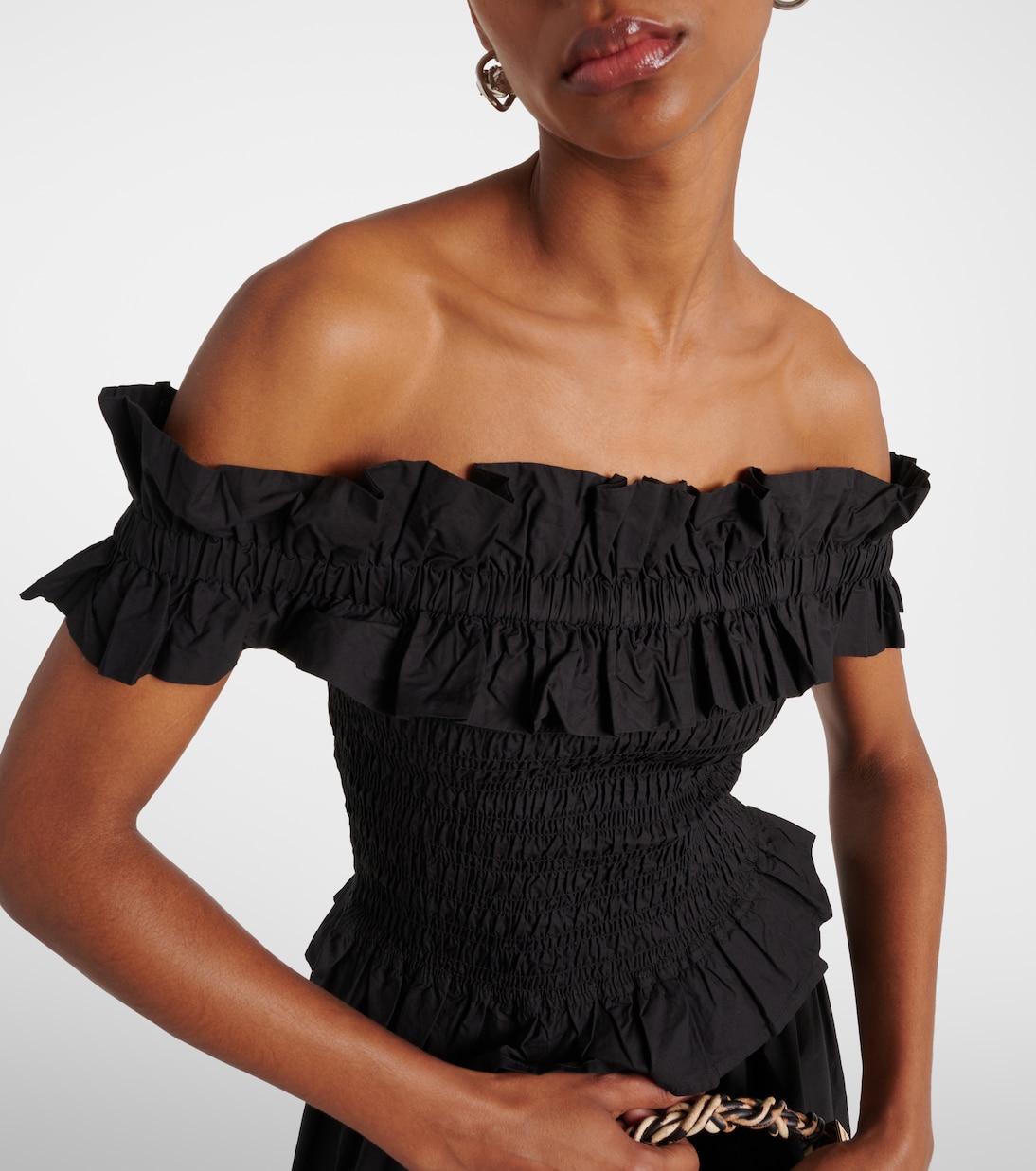 Smocked off-shoulder cotton poplin top | Ganni