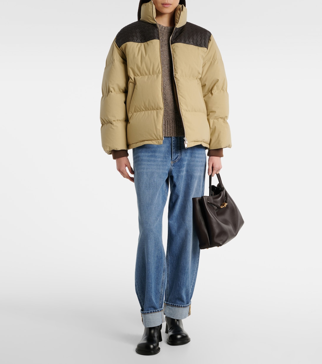 Daunenjacke Intrecciato mit Leder | Bottega Veneta