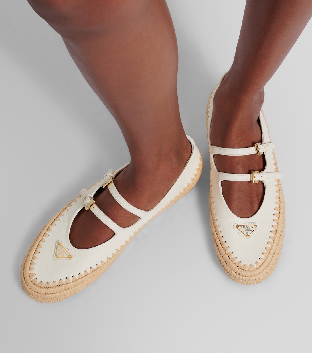 Leather and raffia Mary Jane flats | Prada
