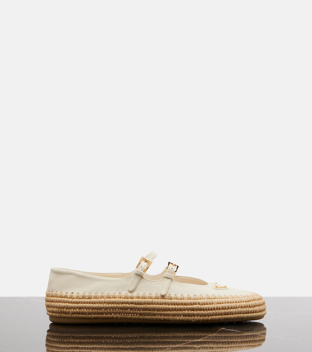 Leather and raffia Mary Jane flats | Prada
