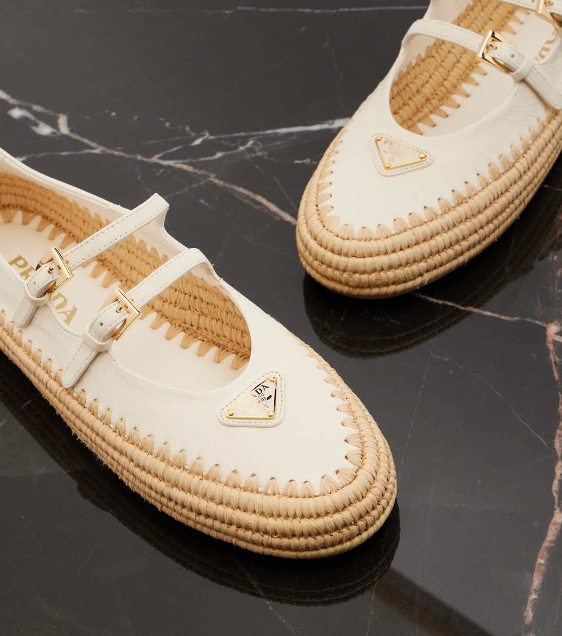 Leather and raffia Mary Jane flats | Prada