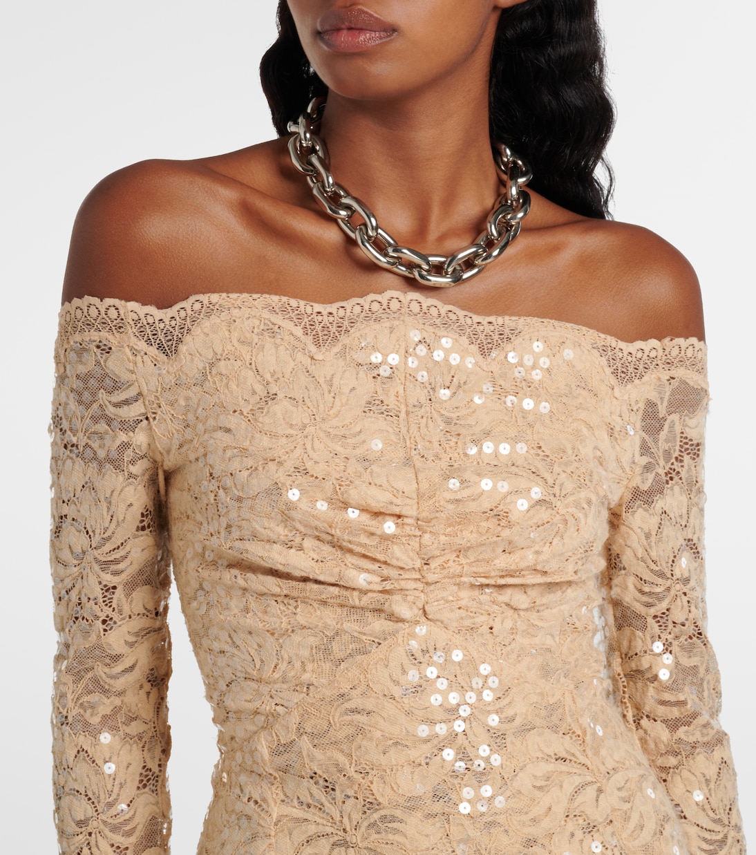 Off-Shoulder-Maxikleid aus Spitze mit Pailletten | Rabanne