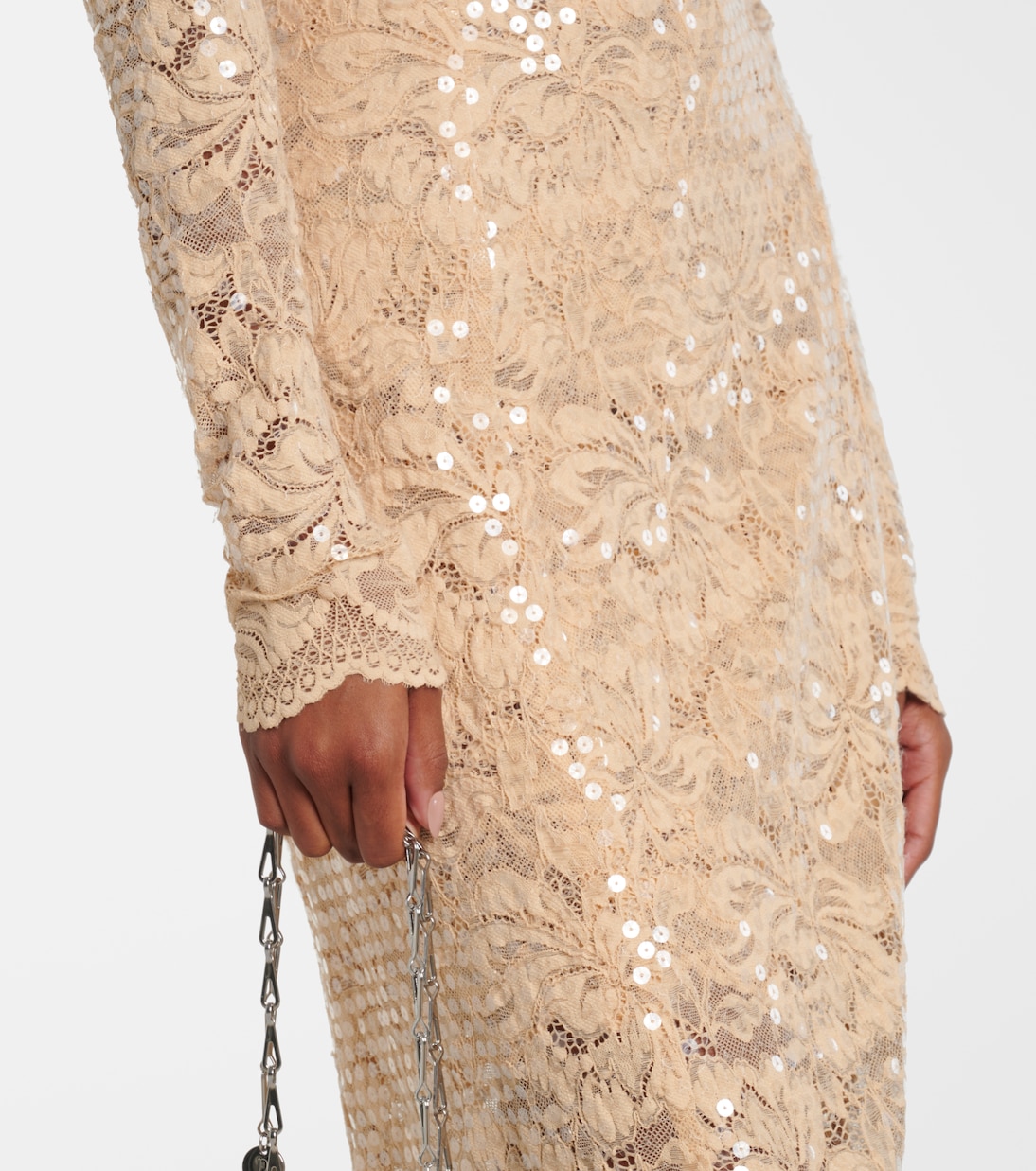 Off-Shoulder-Maxikleid aus Spitze mit Pailletten | Rabanne