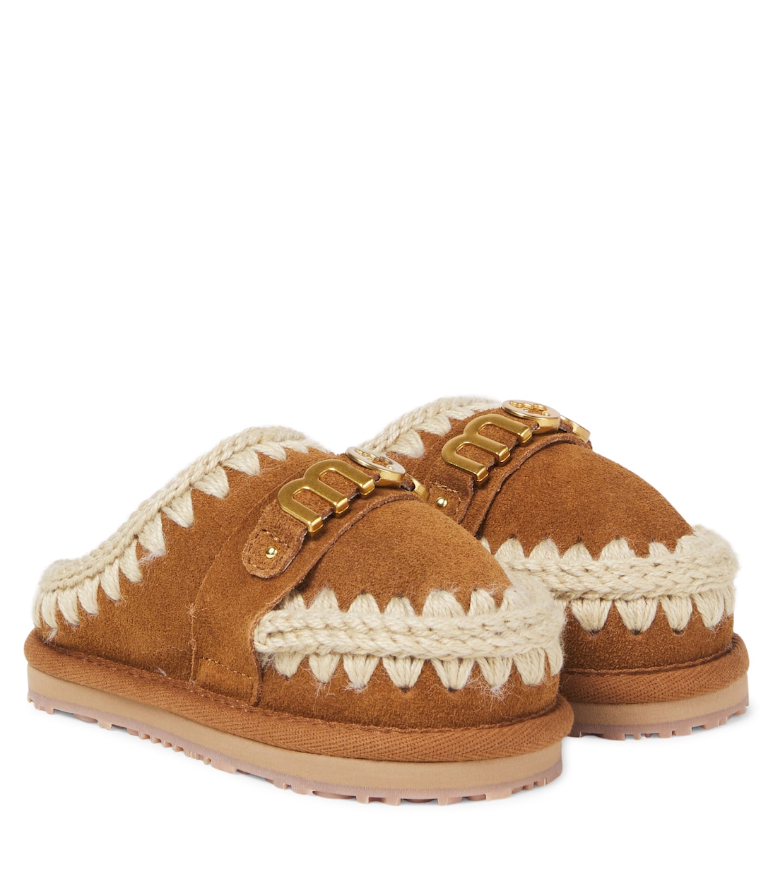 Logo shearling-lined suede slippers | Mou Kids