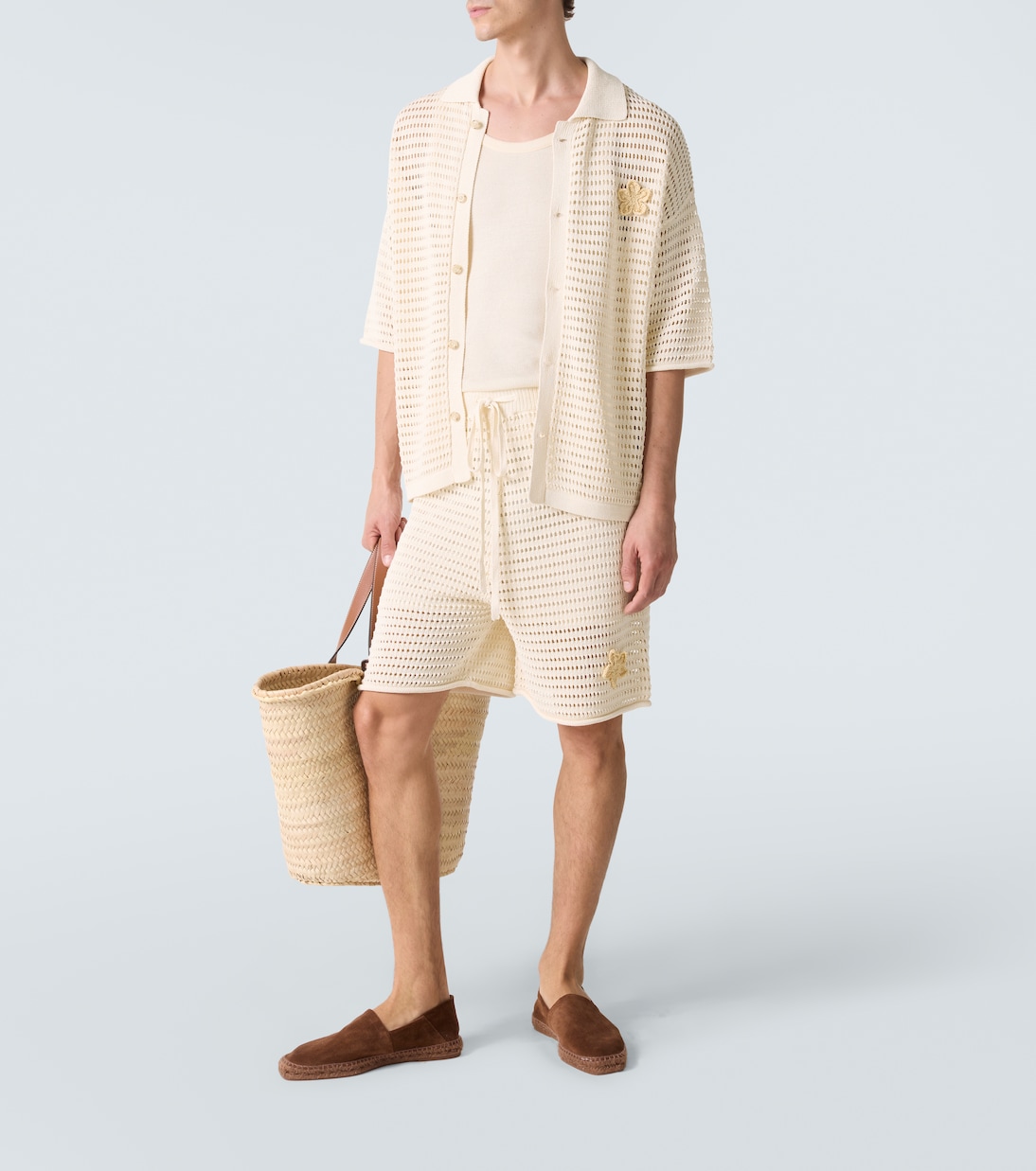 Crochet floral-appliqué open-knit Bermuda shorts | Commas