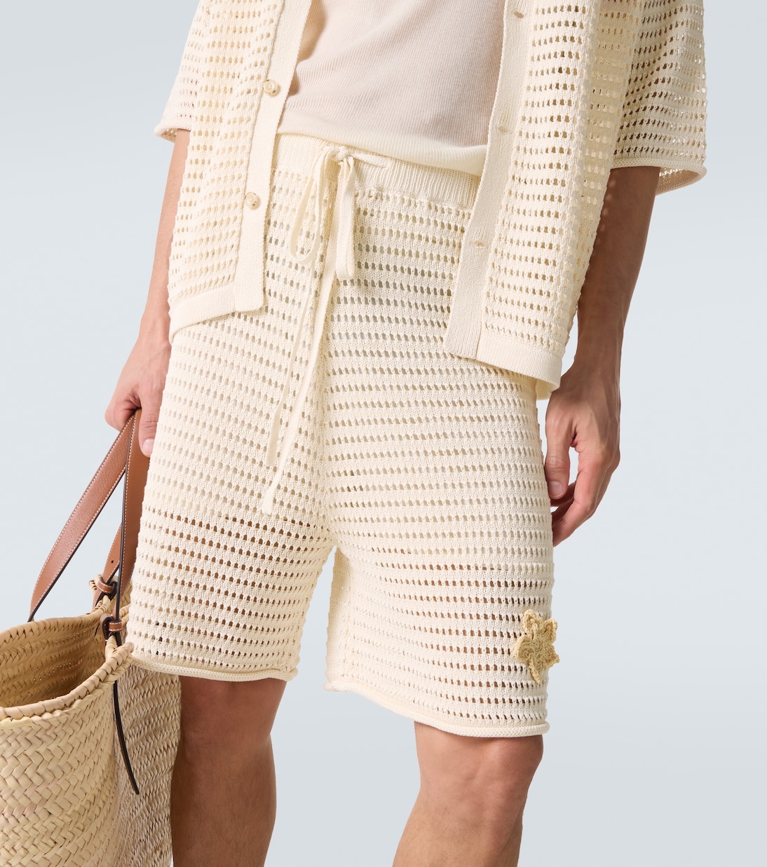 Crochet floral-appliqué open-knit Bermuda shorts | Commas