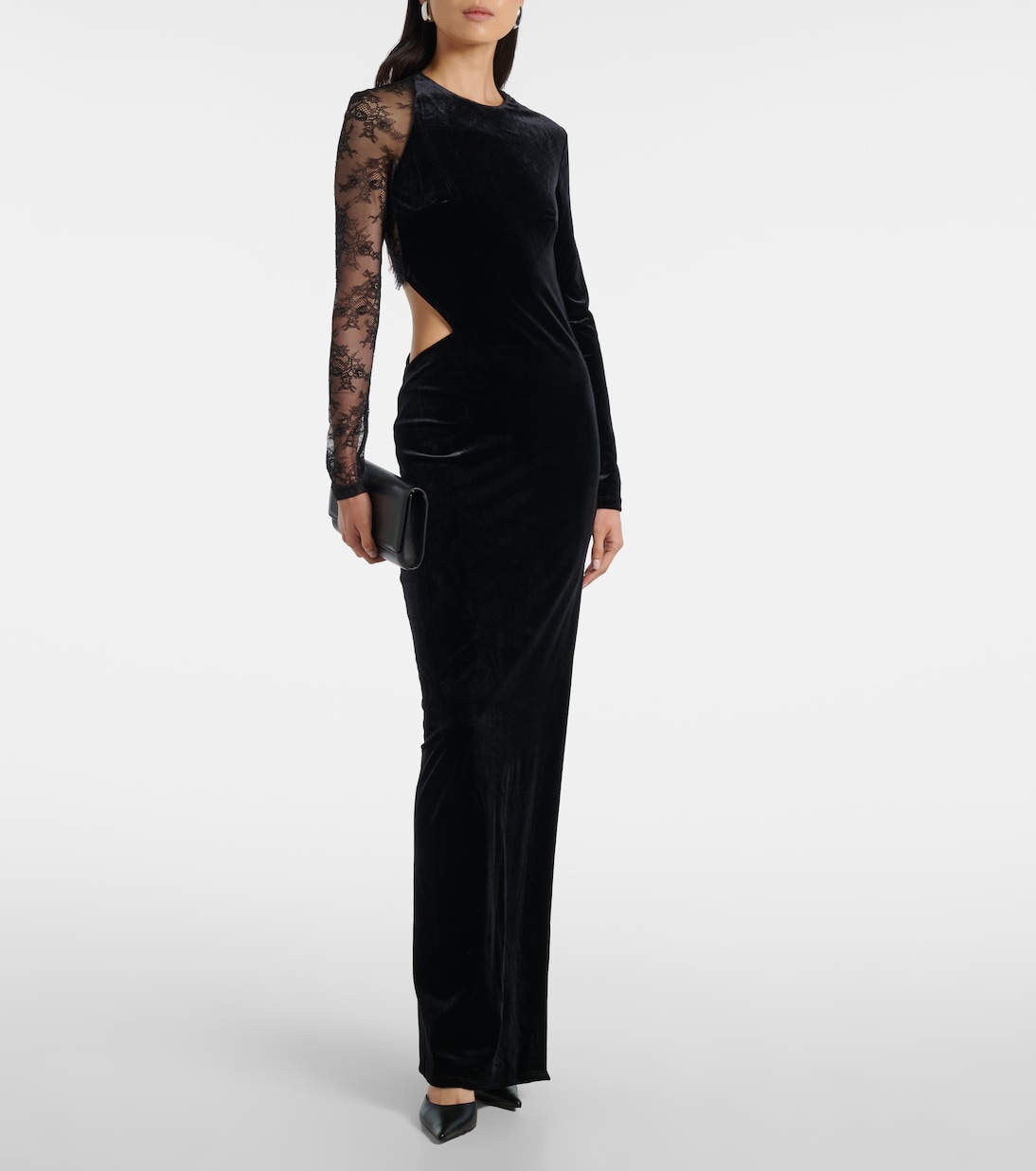Cutout lace-trimmed velvet maxi dress | Self-Portrait