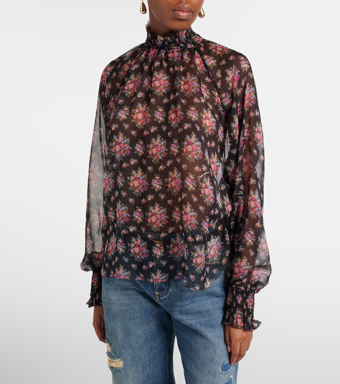 Floral ruffled sheer silk blouse | Dolce&Gabbana