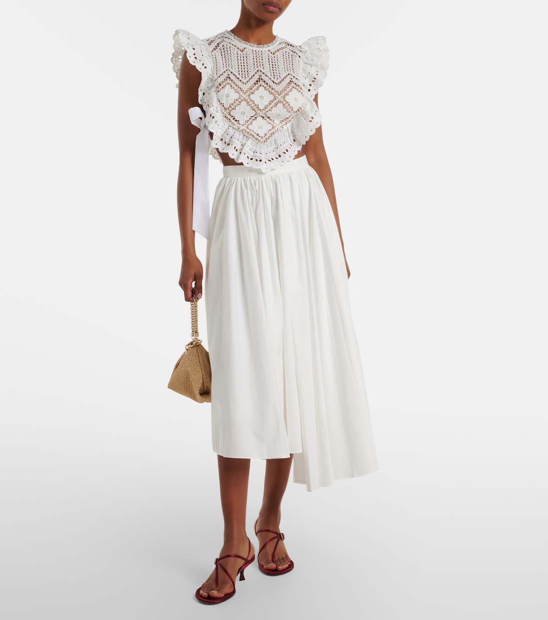 Falda midi asimétrica de popelín de algodón | Self-Portrait