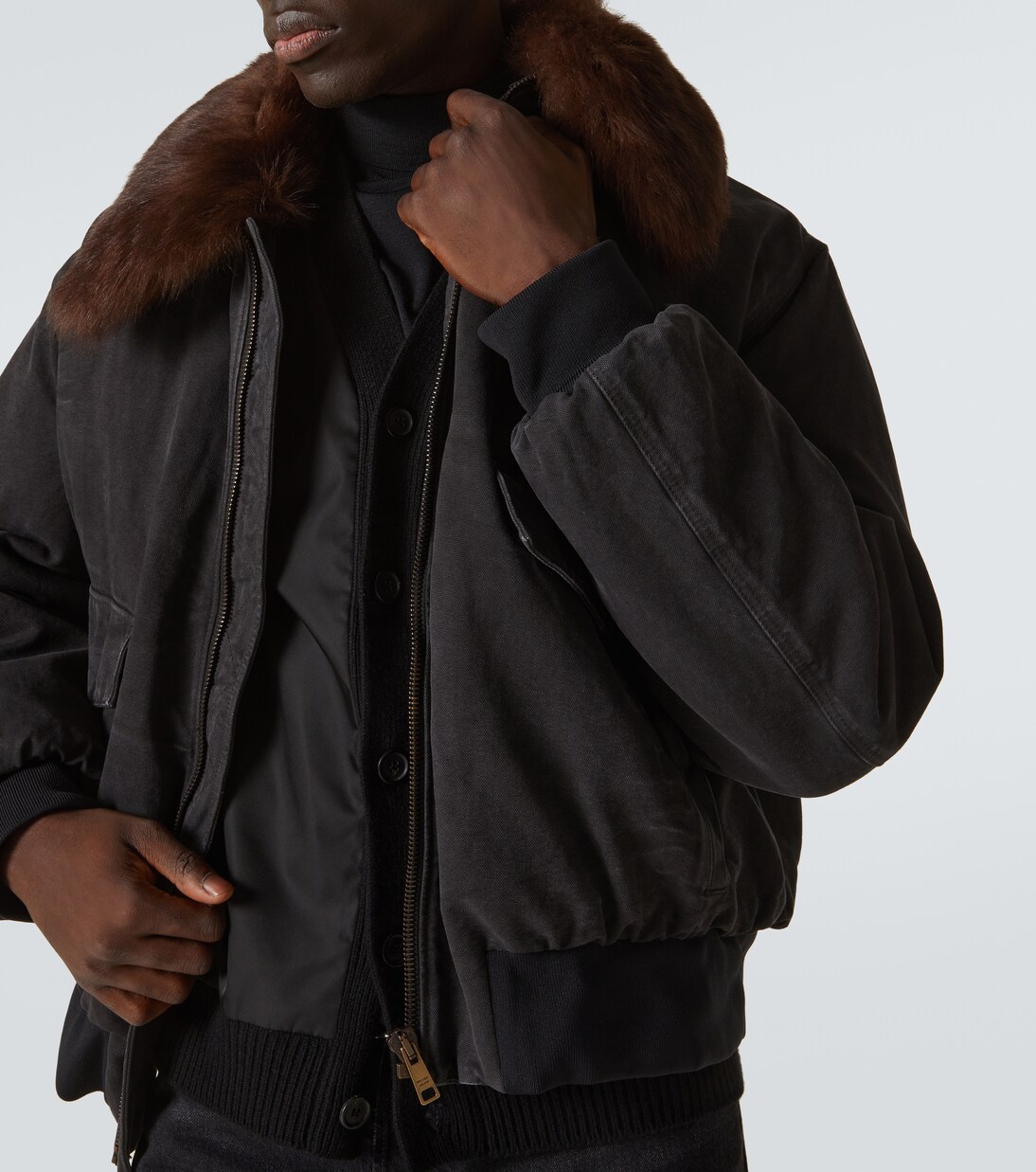 Shearling-trimmed cotton bomber jacket | Prada