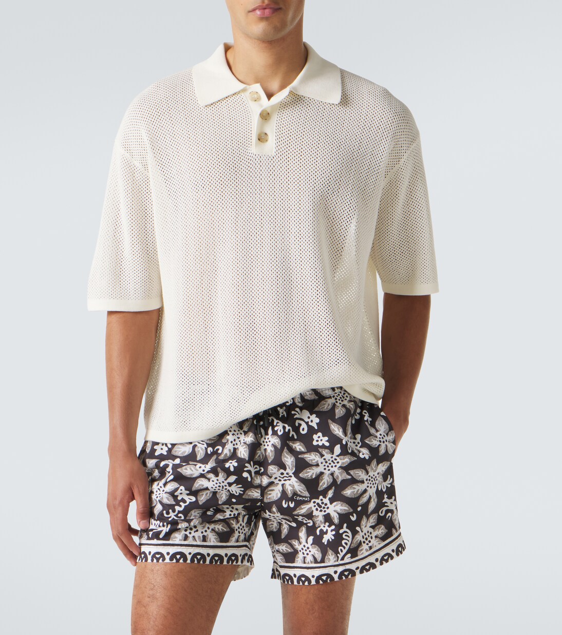 Open-knit cotton-blend polo sweater | Commas