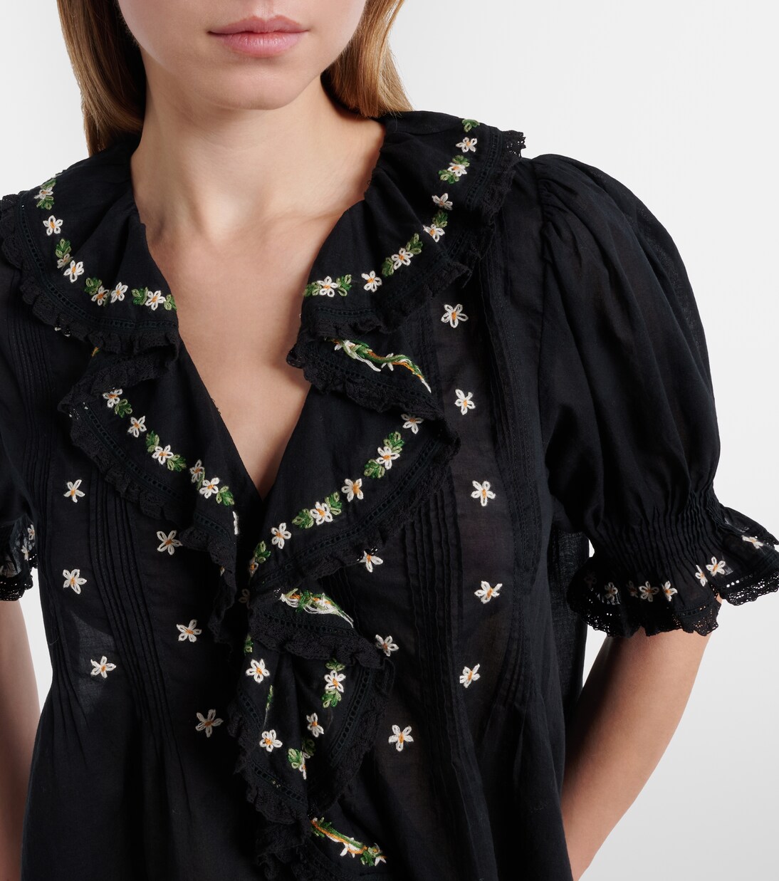 Hettie floral embroidered ruffled cotton blouse | Dôen