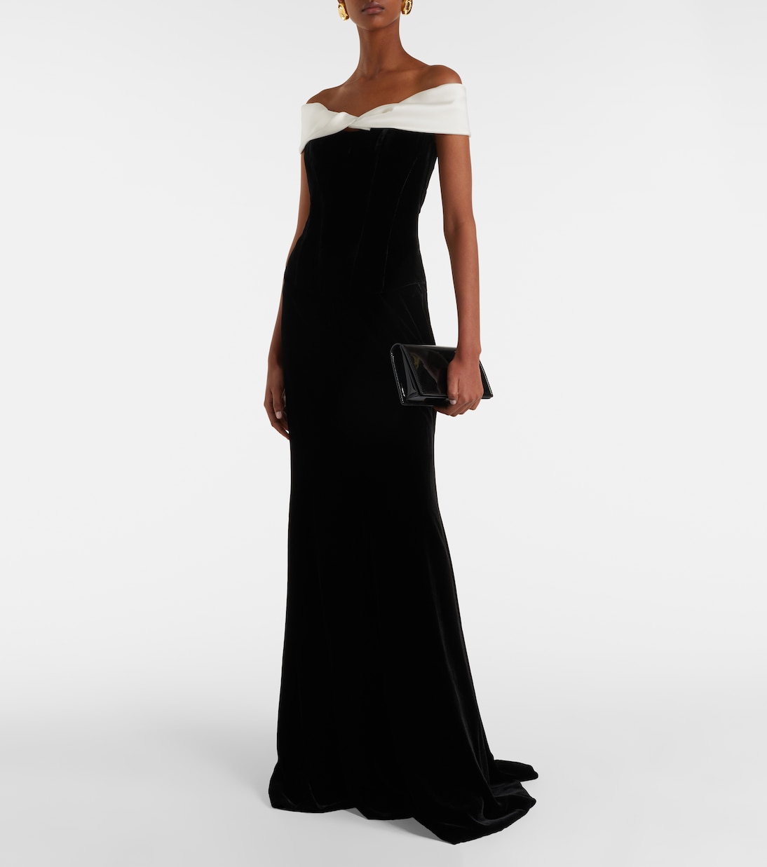 Off-shoulder velvet bustier gown | Costarellos
