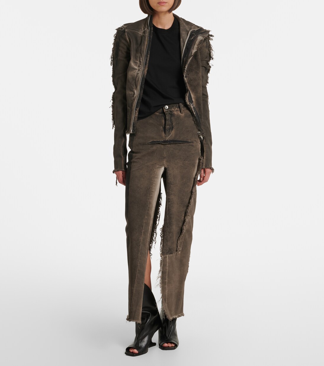 Sliced distressed denim midi skirt | Rick Owens