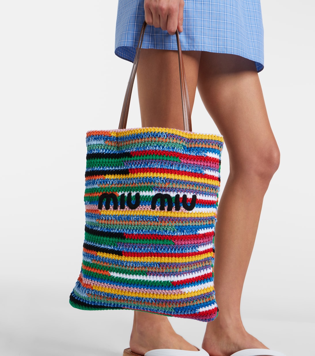 Leather-trimmed crochet tote bag | Miu Miu