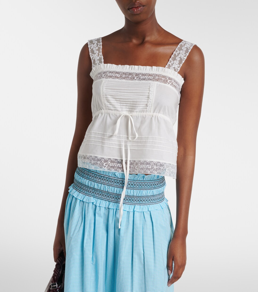 Lace-trimmed ruffled cotton crop top | Ganni