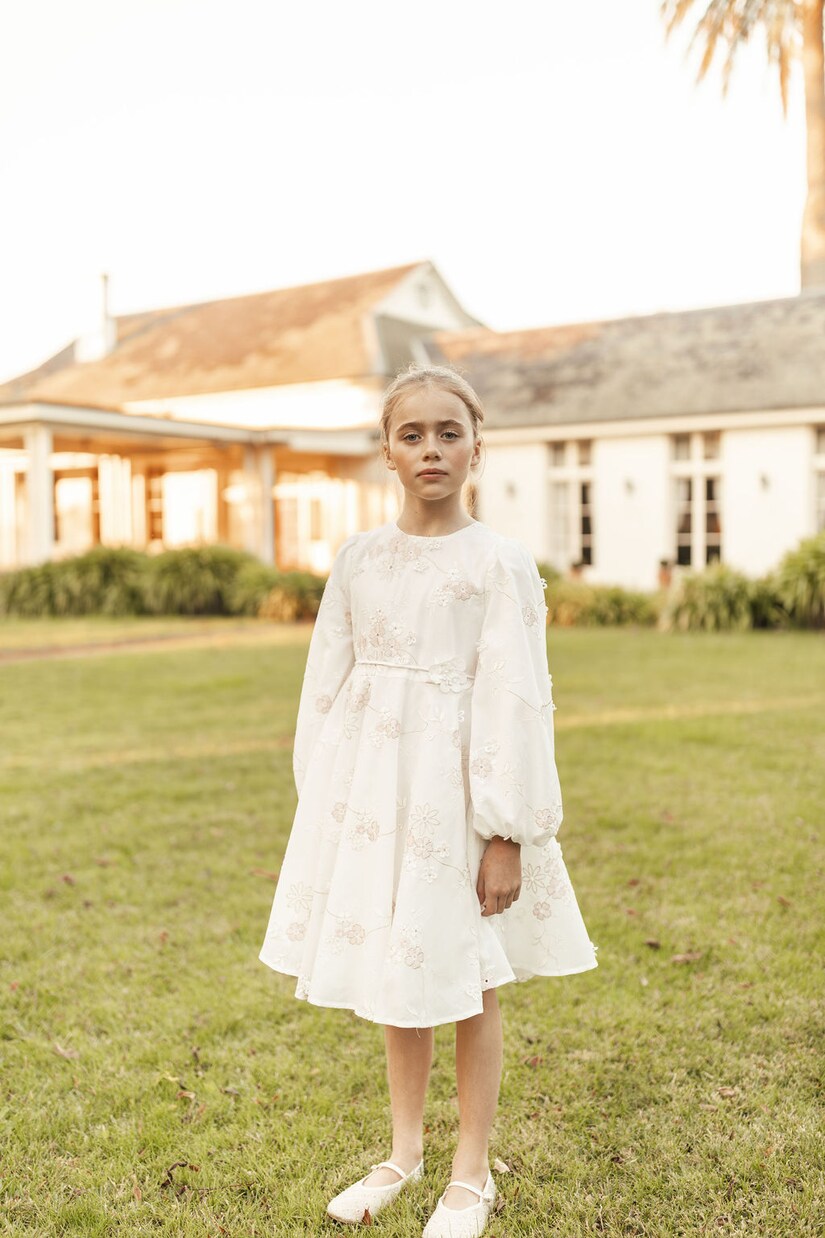 Floral-appliqué puff-sleeve cotton dress | Petite Amalie  